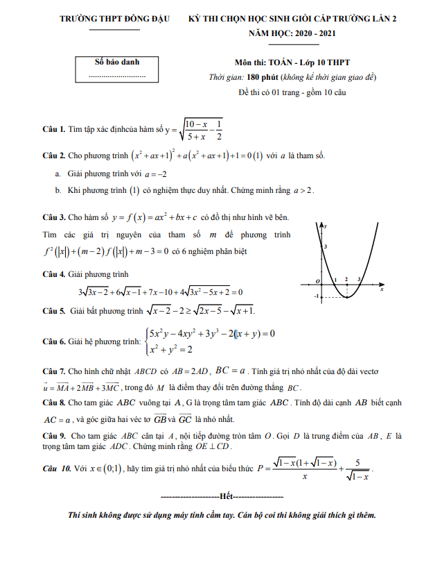 Đề thi HSG Toán 10 lần 2 năm 2020 – 2021 trường THPT Đồng Đậu – Vĩnh Phúc