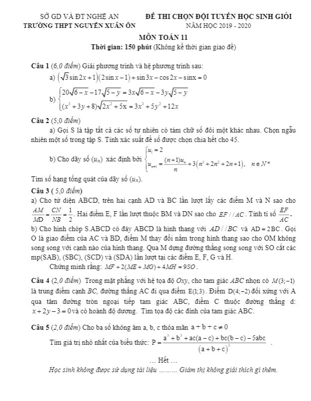 Đề thi HSG Toán 11 năm 2019 – 2020 trường THPT Nguyễn Xuân Ôn – Nghệ An