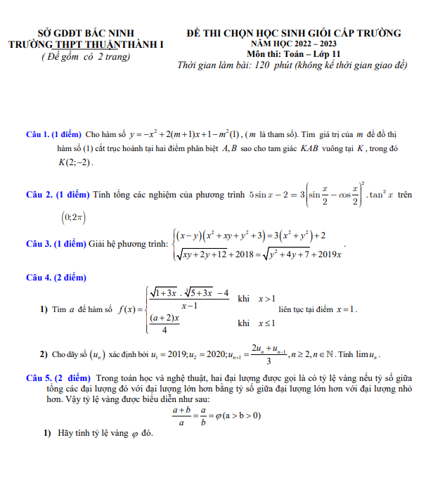 Đề thi HSG Toán 11 năm 2022 – 2023 trường THPT Thuận Thành 1 – Bắc Ninh