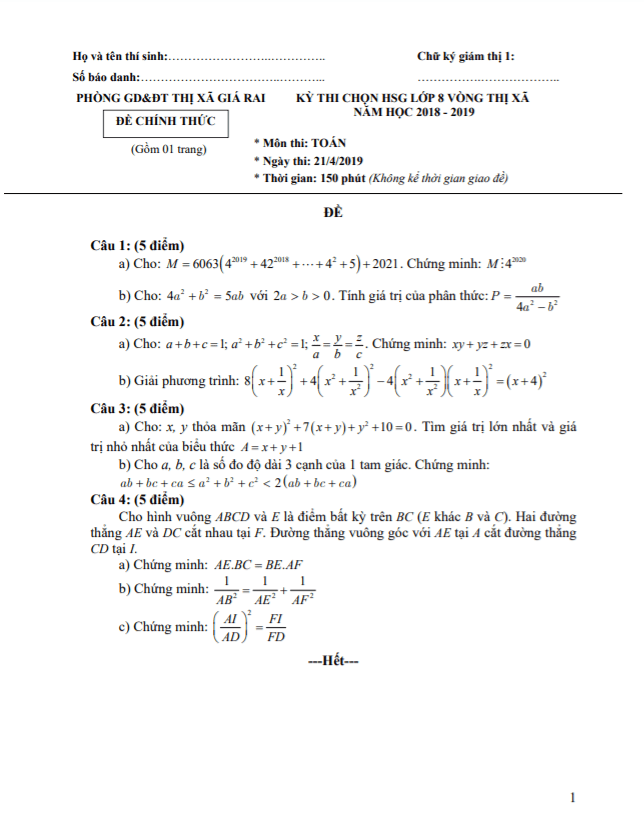 Đề thi HSG Toán 8 năm 2018 – 2019 phòng GD&ĐT thị xã Giá Rai – Bạc Liêu