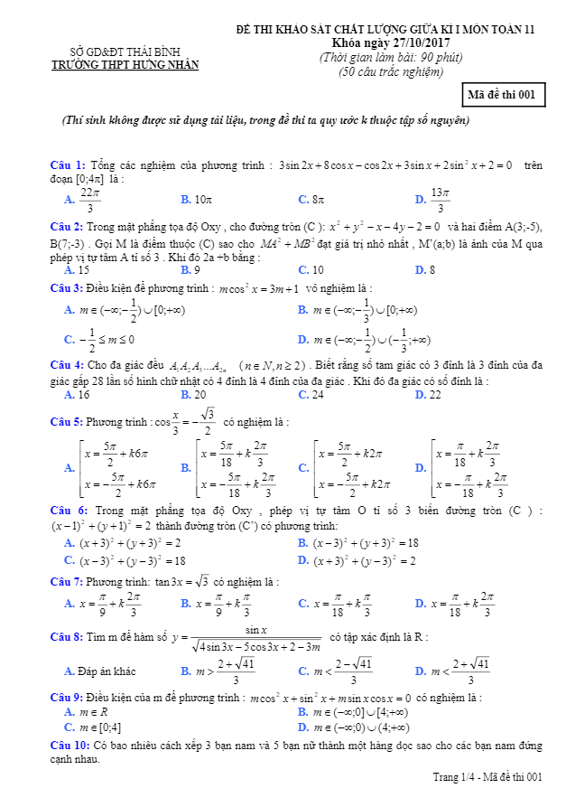 Đề thi khảo sát chất lượng giữa kỳ 1 môn Toán 11 trường THPT Hưng Nhân – Thái Bình
