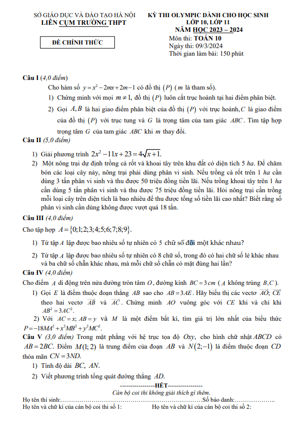 Đề thi Olympic Toán 10 năm 2023 – 2024 liên cụm trường THPT – Hà Nội