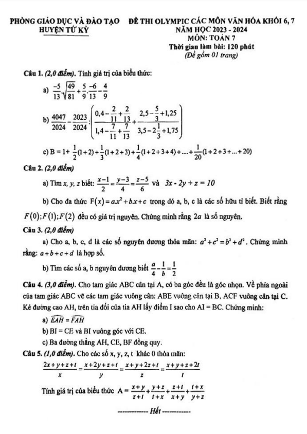Đề thi Olympic Toán 7 năm 2023 – 2024 phòng GD&ĐT Tứ Kỳ – Hải Dương