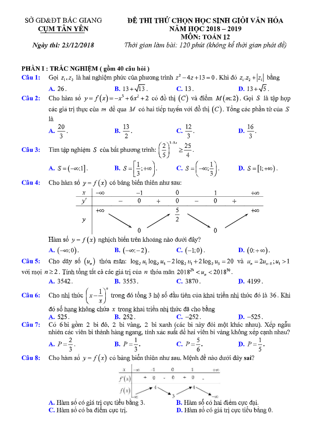 Đề thi thử chọn HSG Toán 12 năm 2018 – 2019 cụm Tân Yên – Bắc Giang