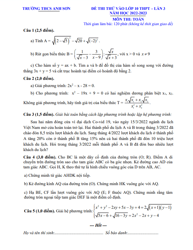 Đề thi thử Toán vào lớp 10 lần 3 năm 2022 – 2023 trường THCS Anh Sơn – Nghệ An