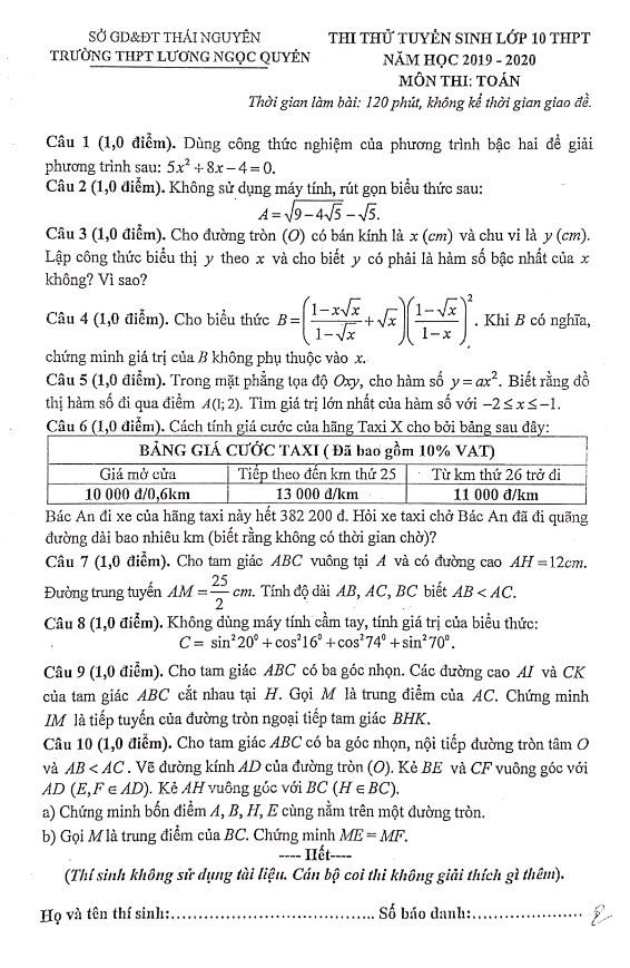 Đề thi thử Toán vào lớp 10 năm 2019 – 2020 trường Lương Ngọc Quyến – Thái Nguyên