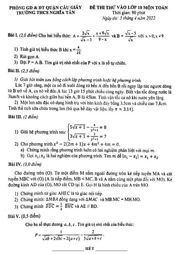 Đề thi thử Toán vào lớp 10 năm 2022 – 2023 trường THCS Nghĩa Tân – Hà Nội