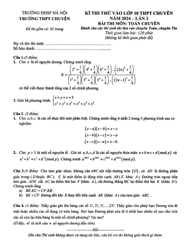 Đề thi thử vào 10 chuyên môn Toán (chuyên) năm 2024 lần 2 trường chuyên ĐHSP Hà Nội