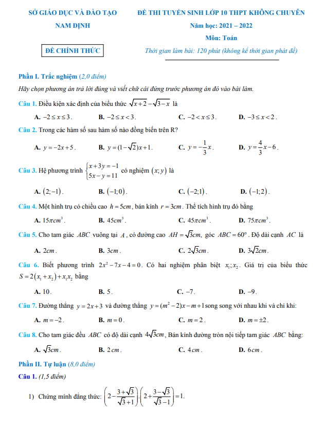 Đề thi tuyển sinh lớp 10 môn Toán năm 2021 – 2022 sở GD&ĐT Nam Định