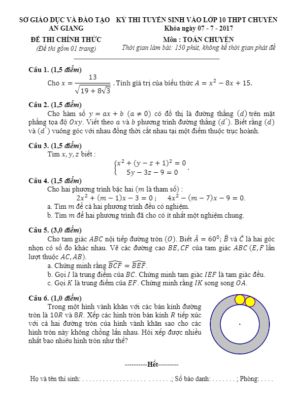 Đề thi tuyển sinh lớp 10 THPT chuyên năm học 2017 – 2018 môn Toán sở GD và ĐT An Giang
