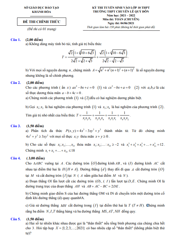 Đề thi vào 10 môn Toán (chuyên) năm 2021 – 2022 trường chuyên Lê Quý Đôn – Khánh Hòa
