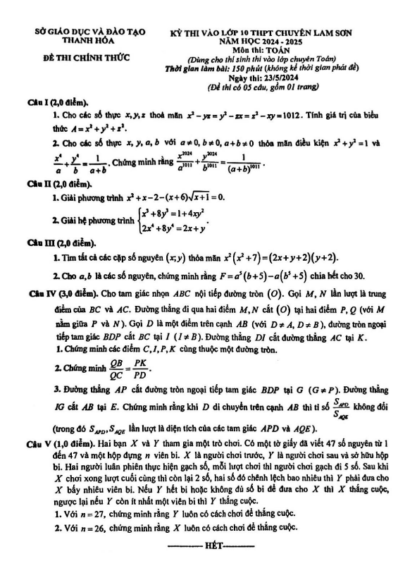 Đề thi vào lớp 10 môn Toán (chuyên) năm 2024 – 2025 trường chuyên Lam Sơn – Thanh Hóa