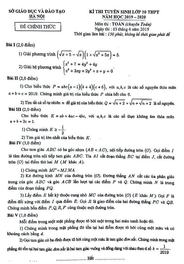 Đề Toán tuyển sinh lớp 10 năm học 2019 – 2020 sở GD&ĐT Hà Nội (chuyên Toán)
