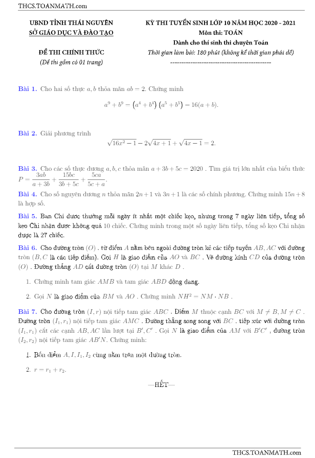 Đề tuyển sinh lớp 10 môn Toán (chuyên) năm 2020 – 2021 sở GD&ĐT Thái Nguyên