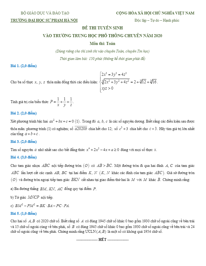 Đề tuyển sinh lớp 10 môn Toán (chuyên) năm 2020 – 2021 trường THPT chuyên ĐHSP Hà Nội