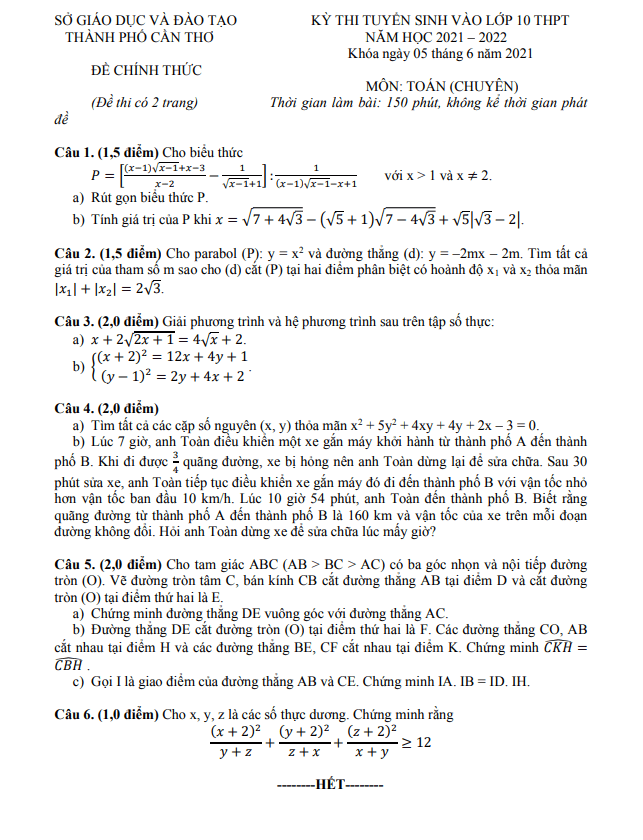 Đề tuyển sinh lớp 10 môn Toán (chuyên) năm 2021 – 2022 sở GD&ĐT Cần Thơ