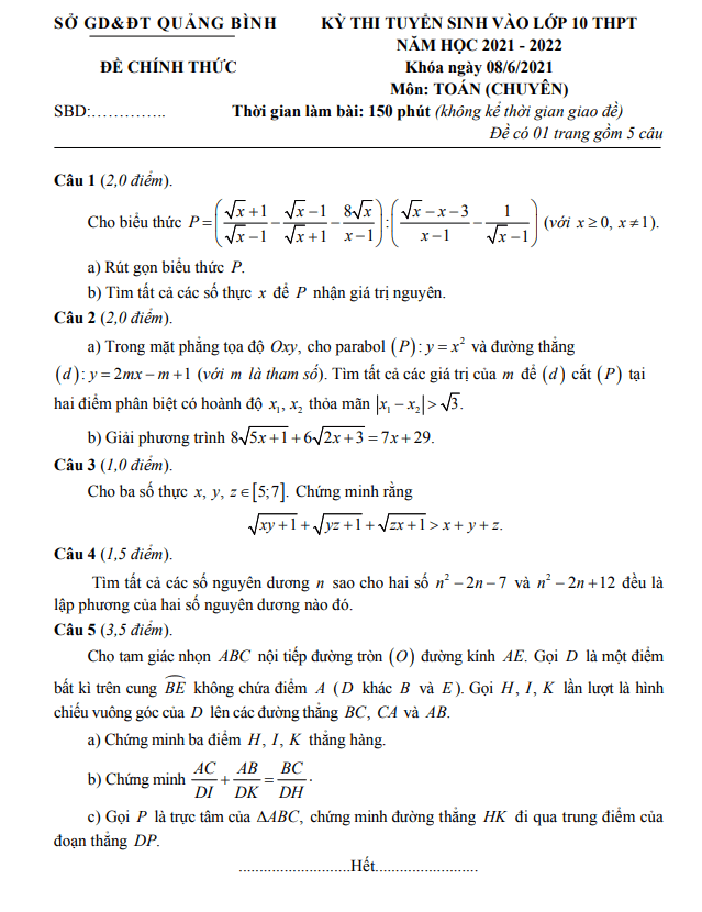 Đề tuyển sinh lớp 10 môn Toán (chuyên) năm 2021 – 2022 sở GD&ĐT Quảng Bình