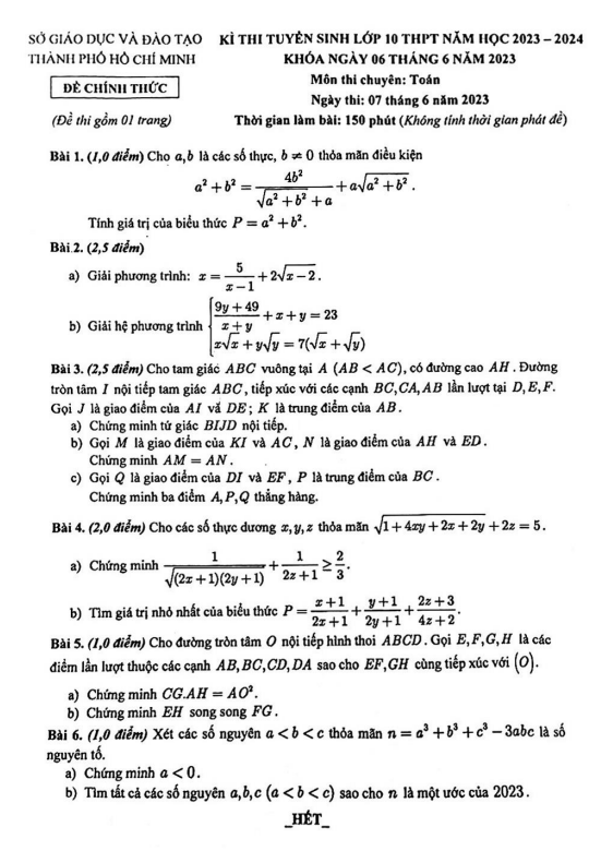 Đề tuyển sinh lớp 10 môn Toán (chuyên) năm 2023 – 2024 sở GD&ĐT TP Hồ Chí Minh