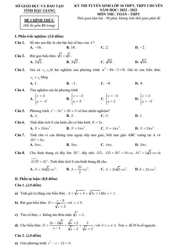Đề tuyển sinh lớp 10 môn Toán năm 2022 – 2023 sở GD&ĐT Hậu Giang
