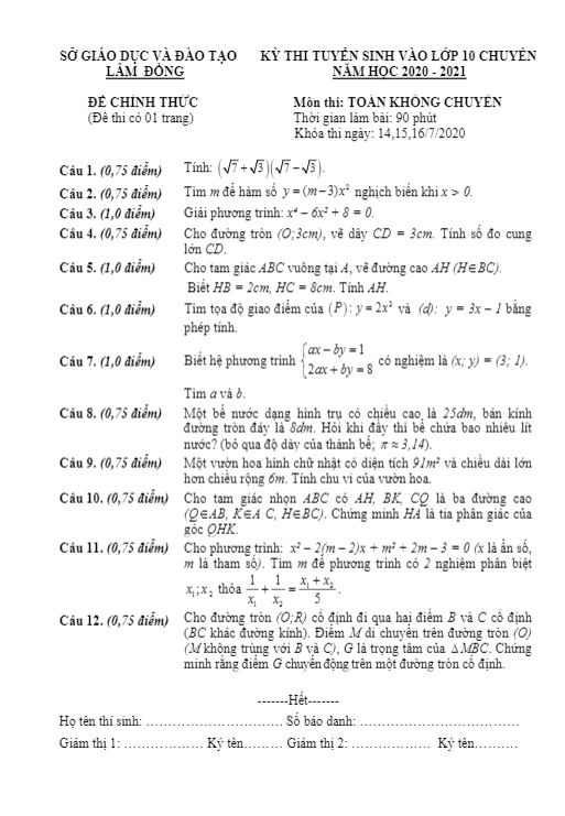 Đề tuyển sinh lớp 10 THPT môn Toán năm 2020 – 2021 sở GD&ĐT Lâm Đồng