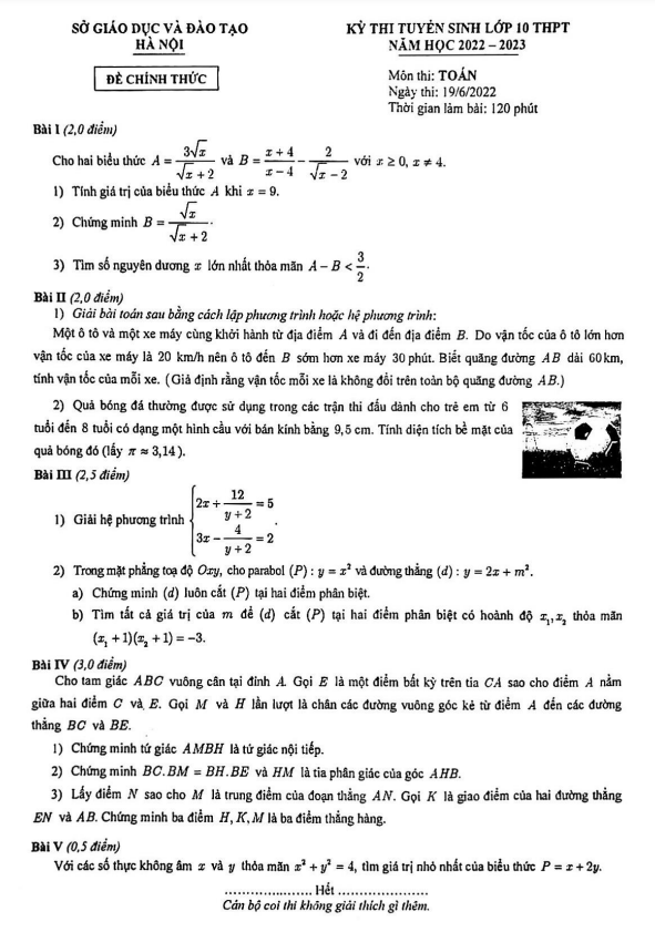 Đề tuyển sinh lớp 10 THPT môn Toán năm 2022 – 2023 sở GD&ĐT Hà Nội