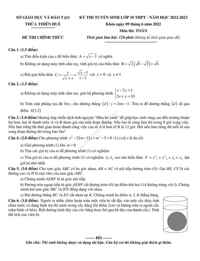 Đề tuyển sinh lớp 10 THPT môn Toán năm 2022 – 2023 sở GD&ĐT Thừa Thiên Huế