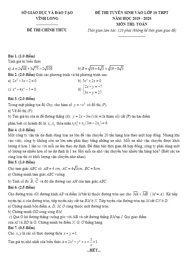 Đề tuyển sinh lớp 10 THPT năm 2019 – 2020 môn Toán sở GD&ĐT Vĩnh Long