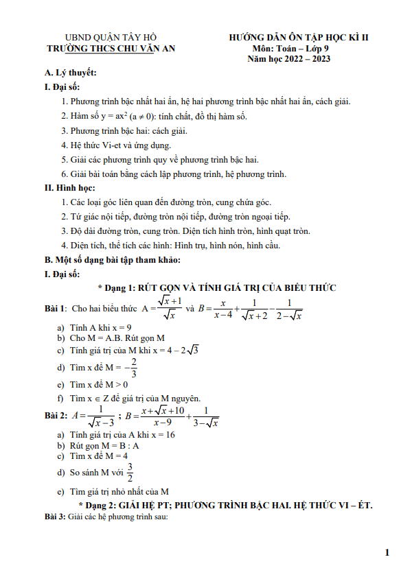 Hướng dẫn ôn tập HK2 Toán 9 năm 2022 – 2023 trường THCS Chu Văn An – Hà Nội