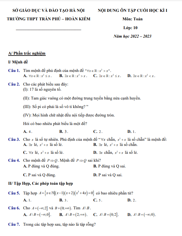 Nội dung ôn tập cuối kì 1 Toán 10 năm 2022 – 2023 trường THPT Trần Phú – Hà Nội