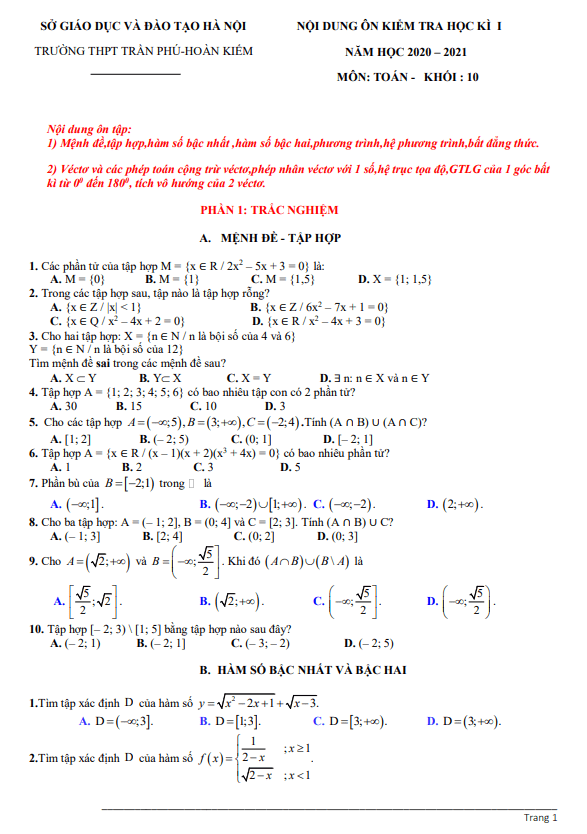 Nội dung ôn tập học kì 1 Toán 10 năm 2020 – 2021 trường THPT Trần Phú – Hà Nội