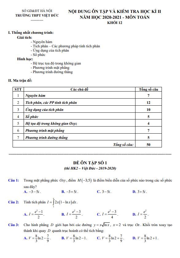 Nội dung ôn tập học kì 2 Toán 12 năm 2020 – 2021 trường THPT Việt Đức – Hà Nội