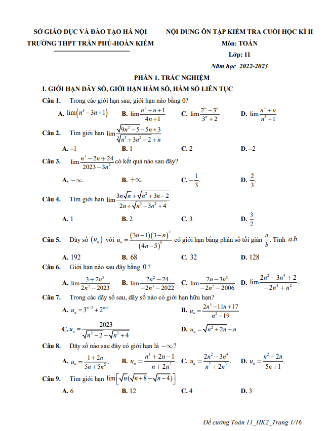 Ôn tập cuối học kì 2 Toán 11 năm 2022 – 2023 trường THPT Trần Phú – Hà Nội