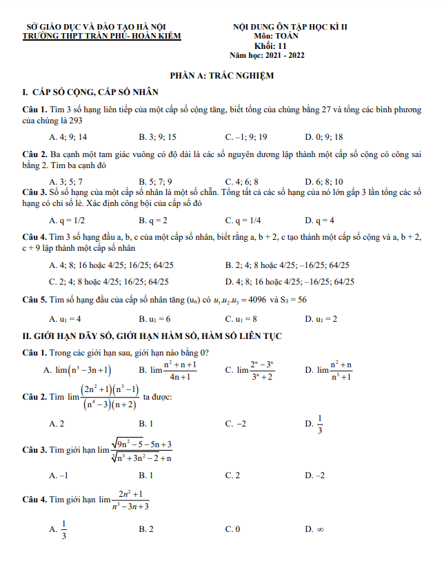 Ôn tập học kì 2 Toán 11 năm 2021 – 2022 trường THPT Trần Phú – Hà Nội