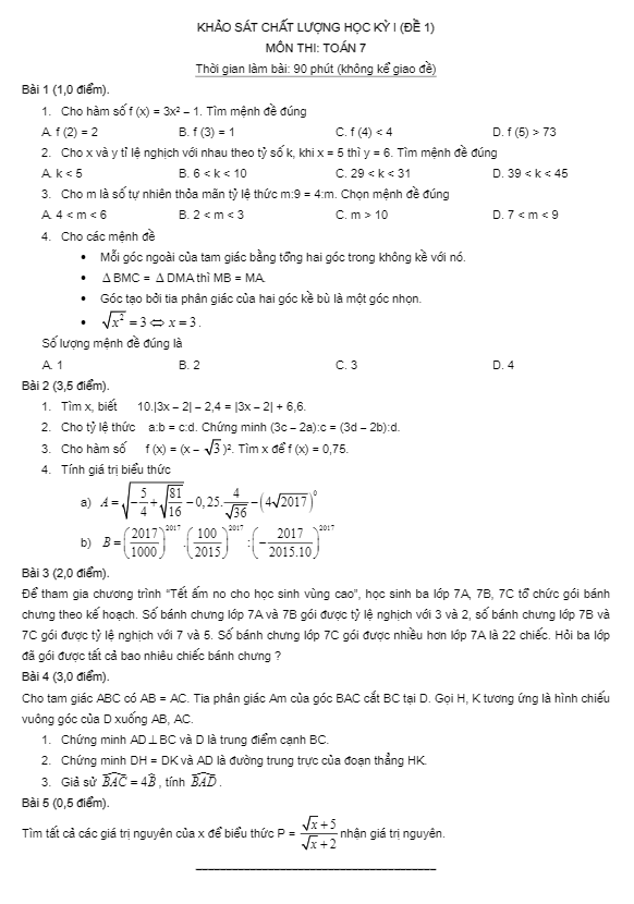 Tuyển chọn 10 đề thi HK1 Toán 7