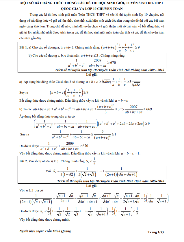 Tuyển tập 300 bài toán bất đẳng thức chọn lọc có lời giải chi tiết